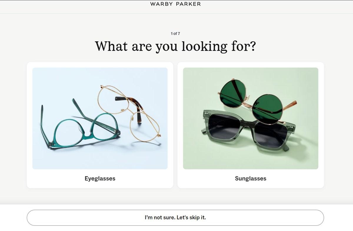 Warby Parker quiz interface showing personalized eyewear selection questions for customer data collection